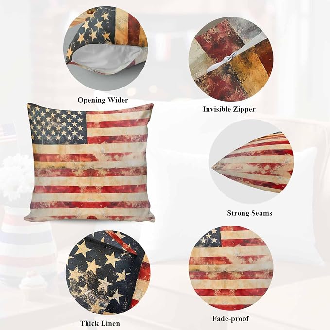 Independence Day Outdoor Pillow Covers 20"x20" Set of 2, Retro Country American Flag Waterproof Throw Pillow Covers for Patio Furniture, Decorative Cushion Covers for Porch