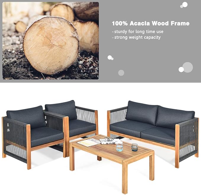 Tangkula Outdoor Wood Furniture Set, Acacia Wood Frame 2 Loveseat Sofa, 4 Single Chairs and 2 Coffee Table, 8 Pieces Conversation Set with Cushions, Garden Balcony Poolside Outdoor Living Set(2, Grey)