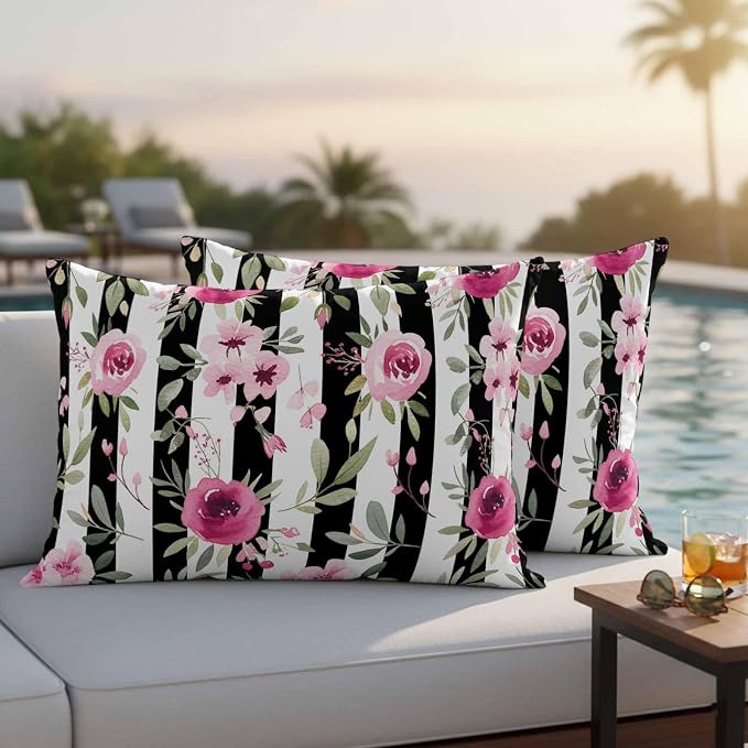 Outdoor Throw Pillow Covers Waterproof Pillow Cases 20x12in Watercolor Pink Floral Decorative Cushion Cases for Couch Sofa Patio Garden 2 Pack Black and White Stripes