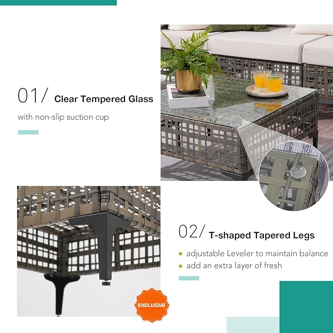 Patiorama 7 Piece Wicker Patio Furniture Set, Metal-Colored PE Rattan Outdoor Conversation Set Sectional Sofa with Water Resistant Cushion and Glass Table, Outdoor Couch, Porch, Backyard-Sand Beige