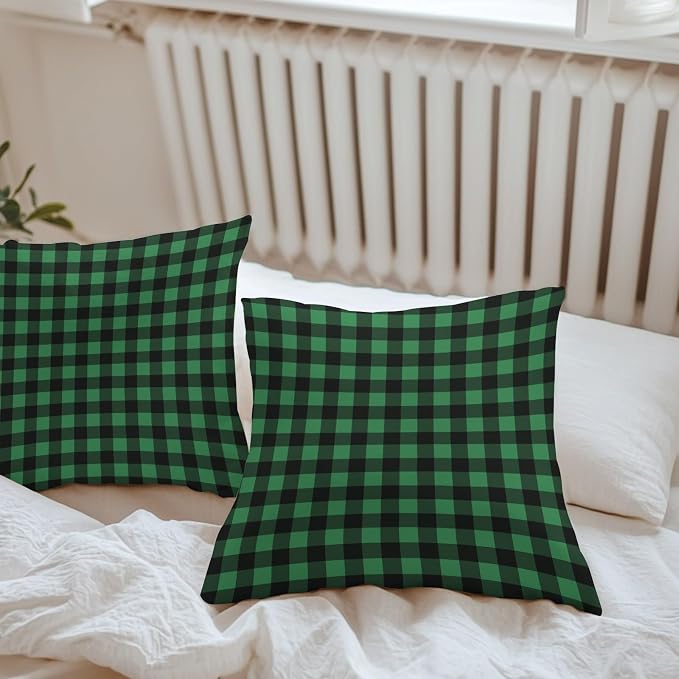 Forest Green Checks Outdoor Pillow Covers 20"x20" Set of 2, Black Gingham Plaid Abstract Modern Waterproof Throw Pillow Covers for Patio Furniture, Decorative Cushion Covers for Porch