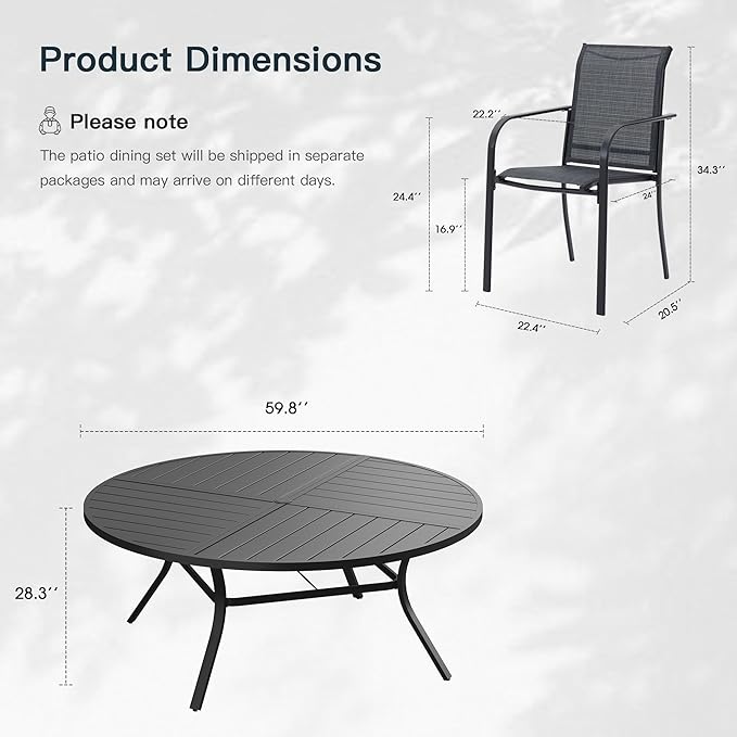 VICLLAX 11 Pieces Patio Outdoor Dining Set, 60" Large Round Metal Table with Umbrella Hole and 10 Stackable Textilene Chairs for Patio, Lawn, Garden, Porch, Black/Grey