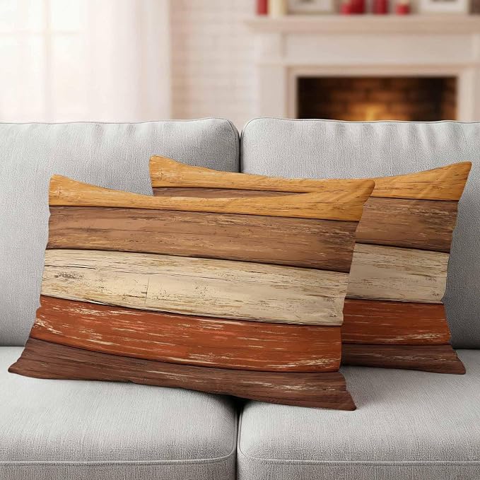 Farmhouse Burnt Orange Brown Outdoor Waterproof Pillow Covers, Vintage Wooden Striped Decorative Rectangle Throw Pillowcase Sofa Cushion Sham for Patio/Couch/Chair, 20"x12" 2 Pack