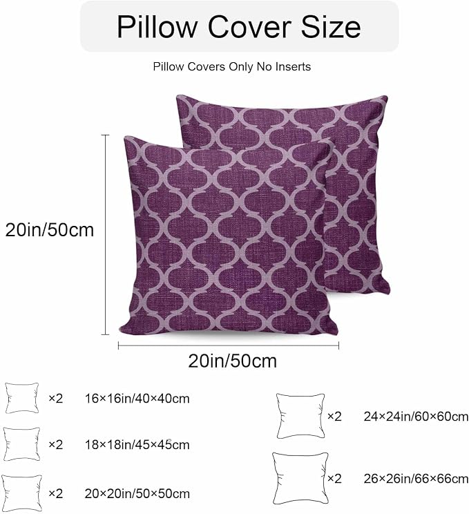 Dark Purple Moroccan Outdoor Pillow Covers 24x24 Inch Throw Pillow Covers Set of 2 Waterproof Decorative Pillow Cases Country Abstract Quatrefoil Lattice Cushion Covers for Patio Furniture Garden