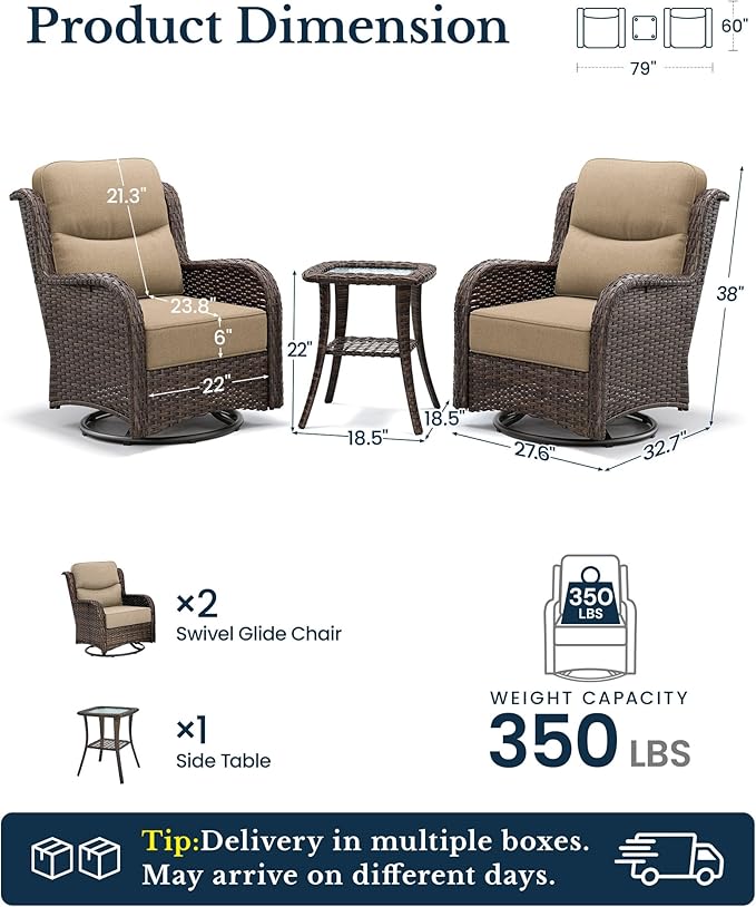 HILLGA 3-Piece Luxury Patio Furniture Set with 6" Thick Cushions, Weather-Resistant Wicker High Back Swivel Rocker Chairs, Senior-Friendly Conversation Set for Small Porch, Deck and Sunroom, Beige(V2)