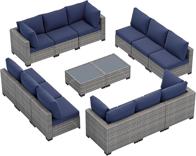 FHFO 14 Piece Outdoor Wicker Patio Furniture Set, Grey/Blue | Sectional Sofa | All-Weather Hand-Woven Rattan | Tempered Glass Coffee Table | Free Combination | Indoor & Outdoor Use