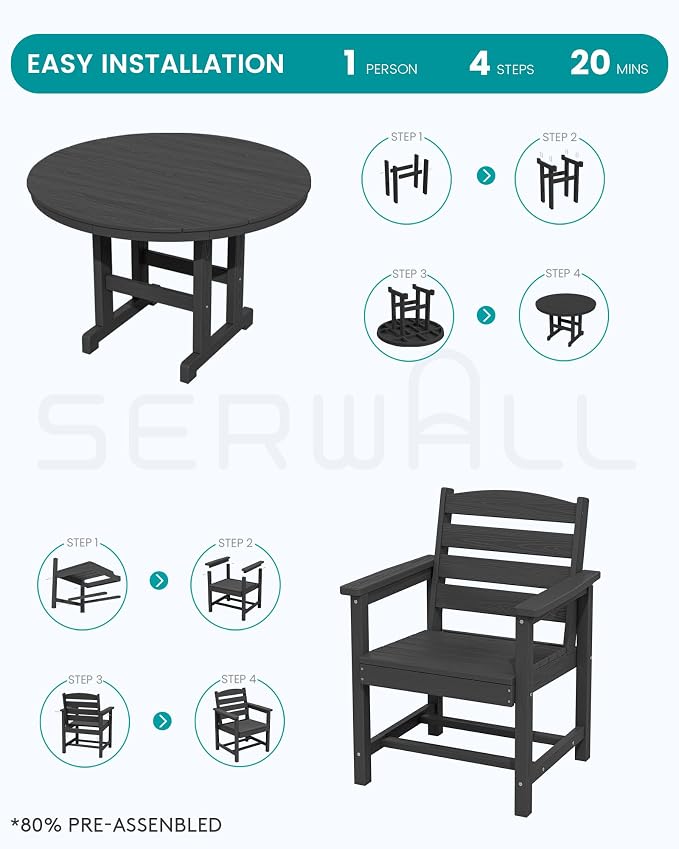 SERWALL 5-Piece Outdoor Round Dining Sets, HDPE Patio Table and Chairs Furniture Set, 45" Round Dining Table and 4 Dining Chairs, Black
