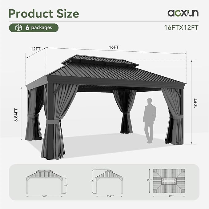 Aoxun 12' X 16' Hardtop Gazebo with Drainage System, Aluminum Outdoor Gazebo with Galvanized Steel Double Roof, Patio Permanent Metal Pavilion with Textilene Netting, for Garden, Deckyard, Pool, Grey