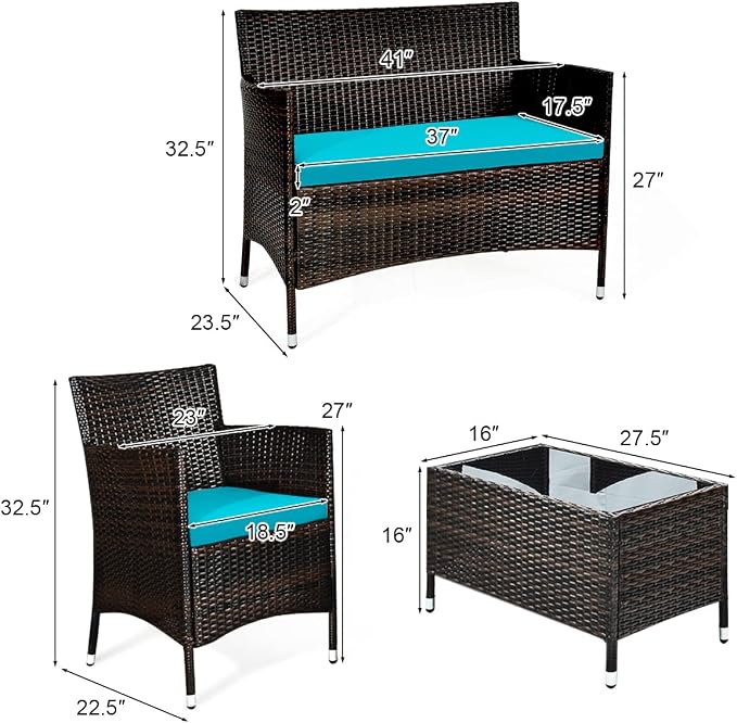 8 Pieces Patio Sofa Set, Wicker Conversation Set with Ergonomic Curved Backrest, Water-Resistant Cushion & Tempered Glass Table for Balcony, Porch (Turquoise)