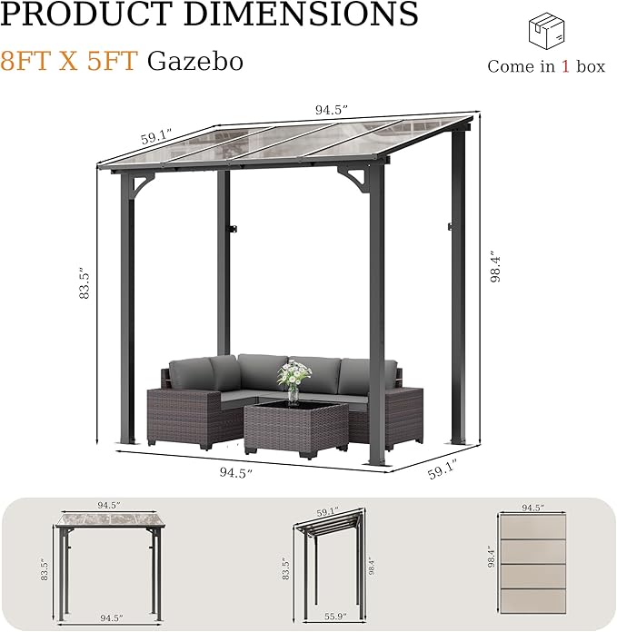 ALAULM 8'x 5' Outdoor Hardtop Pergola,Wall Mounted Lean to Gazebo with Sloped Sun Panel Roof,Galvanized Metal Frame,Sunshade for Patio, Backyard, Deck and Poolside