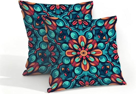 16x16 Inch Outdoor Pillow Covers Set of 2 Waterproof Throw Pillow Covers Decorative Couch Cushion Covers Boho Mandala Floral Square Pillowcases Protectors for Patio Garden Sofa