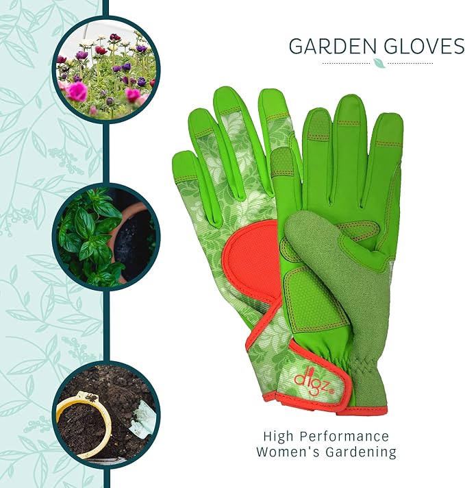 DIGZ Signature Garden Gloves, Large, 1 Pair, Green Leaves Pattern