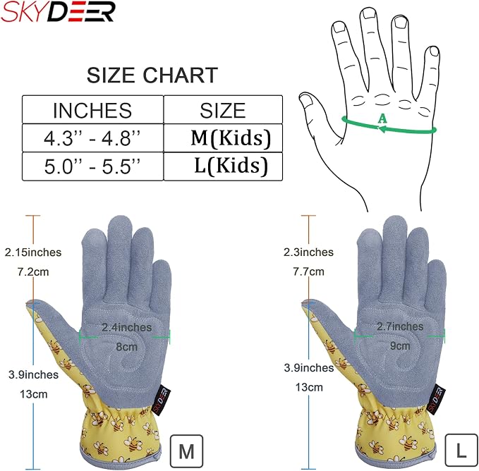 SKYDEER Gardening Gloves For Kids, Deerskin Suede Leather Work Gloves, Soft and Extra Double Padded Hands Protection (SD6622/M)