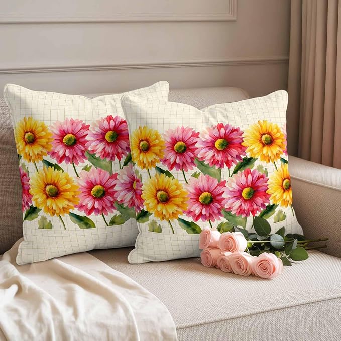 Yellow Pink Daisy Outdoor Pillow Covers 18"x18" Set of 2, Rustic Farmhouse Boho Yellow Plaid Waterproof Throw Pillow Covers for Patio Furniture, Decorative Cushion Covers for Porch