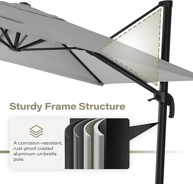 LAUSAINT HOME 9ft Square Cantilever Patio Umbrella, Outdoor Offset Hanging Umbrella with 360° Rotation & Aluminum Pole for Backyard, Pool, Lawn, Deck, Grey