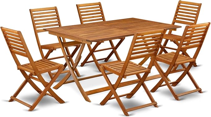 East West Furniture AEBS7CWNA 7 Piece Outdoor Patio Dining Sets Consist of a Rectangle Acacia Wood Table and 6 Folding Side Chairs, 36x60 Inch, Natural Oil