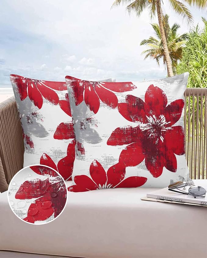 Vandarllin Outdoor Throw Pillows Covers 24x24 inch Set of 2 Waterproof Red Sunflower Decorative Zippered Cushion Covers for Patio Furniture, Flower Field Lumbar Pillowcases