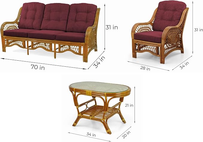 Malibu Lounge Set of 4: 2 Natural Rattan Wicker Chairs, Three-Seater Sofa with Cushions and Coffee Table with Glass Handmade, Colonial Color