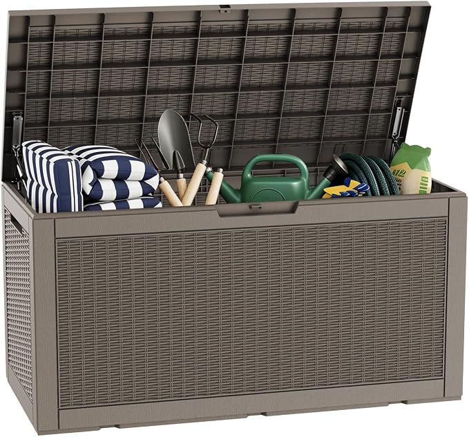 LAUSAINT HOME 320 Gallon Resin Deck Box, Package Delivery Box with Lockable Lid, Waterproof Outdoor Storage Box For Garden Tools, Patio Cushions(320 Gallon,Grayish-tan)