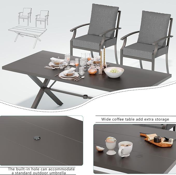 7 Piece Outdoor Dining Set for 6, Metal Patio Table and Chairs with Cushions, Patio Furniture Set with 2 Swivel Chairs, Rectangular Patio Dining Table with Umbrella Hole, Lawn Deck, Yard-Grey