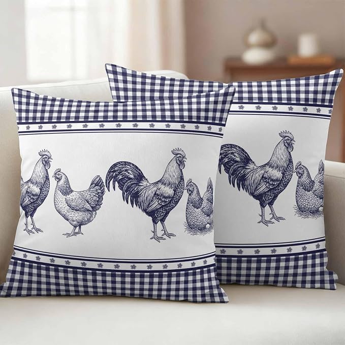 Navy Blue Rooster Outdoor Pillow Covers Waterproof, All Weather Cushion Case Set of 2, Vintage Farmhouse Blue Plaid Decorative Pillowcases for Sofa Couch Bed Decor Patio Furniture 16"x16"