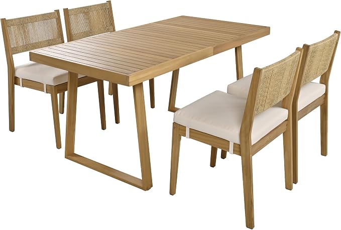 RUNNA Modern Acacia Wood Outdoor Dining Table and Chairs Set with Thick Cushions, Elegant Patio, Balcony, Garden Furniture for Entertaining (Beige-A2)