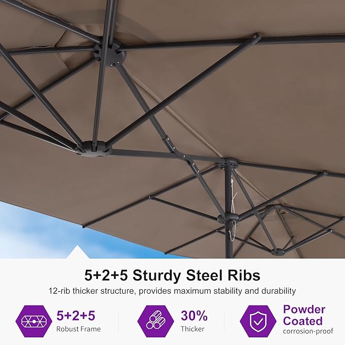 PURPLE LEAF 14ft Patio Market Umbrella Outdoor Double-Sided Umbrella with Base and Crank Rectangle Table Umbrella for Pool Deck Garden, Taupe