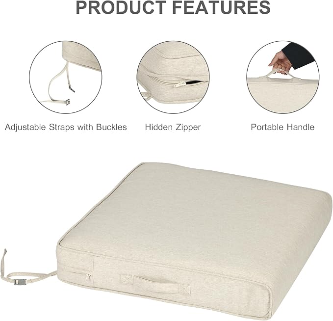Aoodor Patio Chair Cushions Set of 2, 23 x 26 x 4 Inch Water Resistant Outdoor Seat Cushions with Handle and Ties, Square Corner Cushions for Patio Furniture Garden Lawn, Kahaki