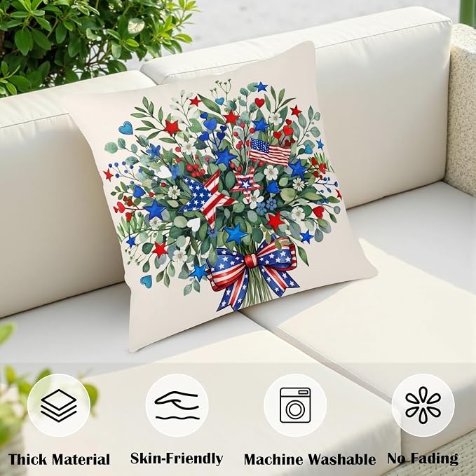 Eucalyptus Patriotic Pillow Covers Red White and Blue July 4th Throw Pillow Covers 16x16 Set of 2 Summer Stars and Stripes Memorial Day Outdoor Pillow Cases for Home Bedroom