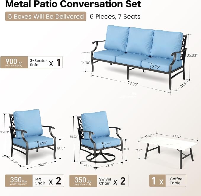 SUNSHINE VALLEY 6 Piece Metal Outdoor Patio Furniture Set, Patio Conversation Sets 1 3-Seater Sofa, 2 Swivel Chair, 2 Leg Chair with 5.75" Thick Cushion and Coffee Table, Backyard Furniture Set, Blue