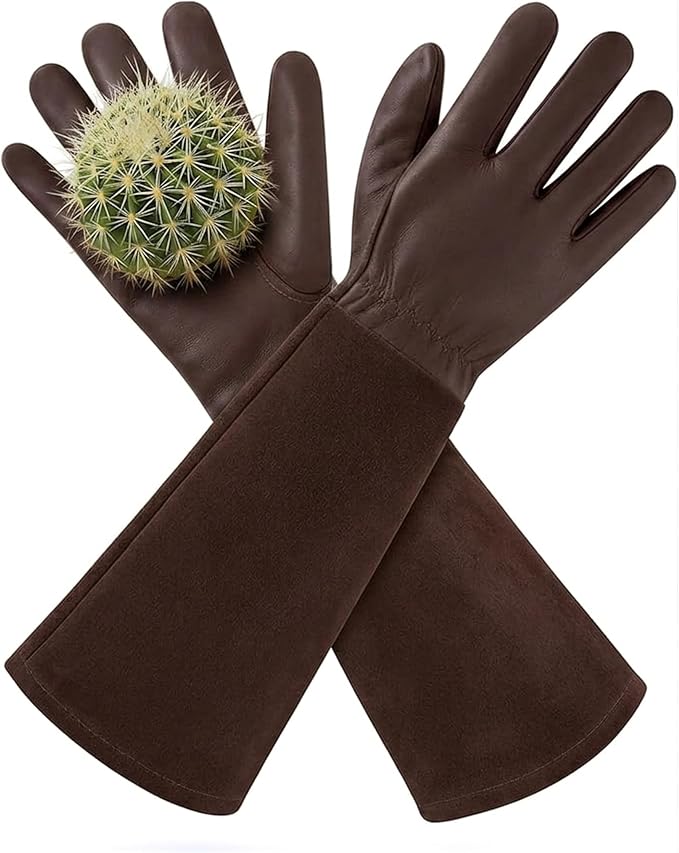 Craft911 Thorn Proof Gardening Gloves for Women & Men, Long Rose Pruning Gloves with Cowhide Leather Gauntlet & Forearm Protection - Brown (L)