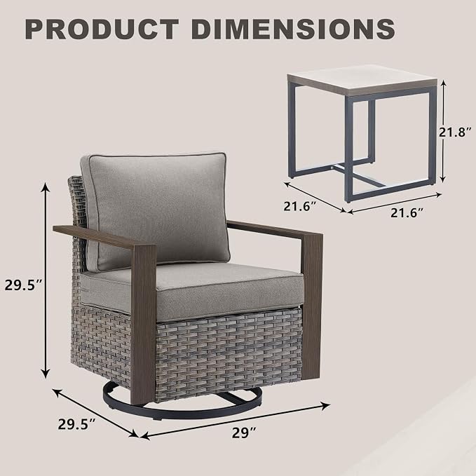 Outdoor Patio Swivel Rocker Chairs - 3 Piece Wicker Patio Furniture Bistro Set with 2 Swivel Rocking Chairs and 1 Metal Side Table,Thick Cushions,Deep Seating for Deck Porch Garden(Mixed Grey/Grey)
