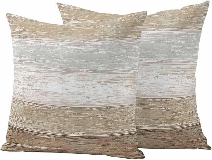Outdoor Waterproof Throw Pillow Covers, Vintage Brown Grey Decorative Pillow Cases, Farmhouse Barn Wooden Striped Couch Pillow Protector Patio Sofa Cushion Covers Replacement 18"x18" 2 Pack