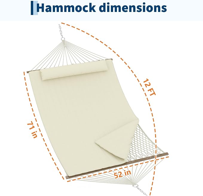 Takywep 2 Person Hammock with Polyester-Cotton Pad, 12FT Double Hammock with Wooden Spreader Bar, Removable Pillow, 450LBS Capacity, 2-in-1 Outdoor Hammock for Patio, Garden, Beach (No Stand)