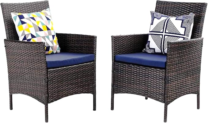 PHI VILLA Wicker Patio Dining Chairs Set of 2 with Removable Cushions | 2 Rattan dining chairs with thick removable seat cushions. Sturdy steel frame, easy assembly.