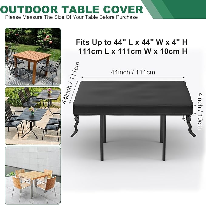 M METERXITY Square Patio Table Cover, 44"L x 44"W x 4"H Rectangular Table Cover for Outdoor Furniture, All-Weather/Waterproof/UV-Resistant, Patio Furniture Protector [Black]