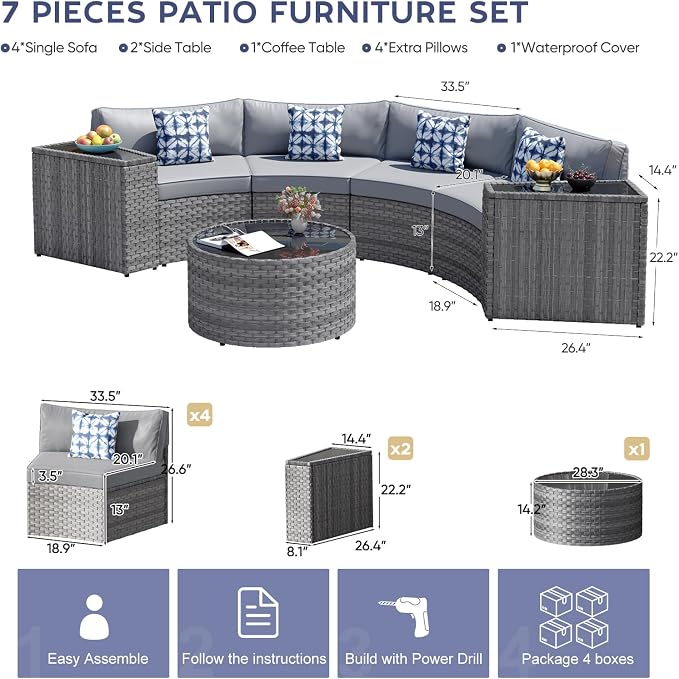 Restland Half Moon Patio Furniture Set with Tables,7 Pieces Wicker Outdoor Sectional Curved Sofas, Round Conversation Set, Grey Rattan