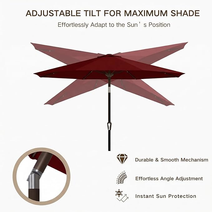 Kingdura 9FT Outdoor Patio Umbrella with Solar Lights, Market Table Umbrella with Push Button Tilt & Crank, 8 Sturdy Ribs, 32 LED Lights, UV Protection for Garden Lawn Deck Backyard Pool (Dark red)