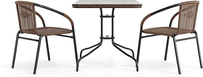 Flash Furniture Lila 3-Piece 28" Square Indoor/Outdoor Patio Table and Chairs Set, Glass Metal Bistro Table and 2 Stacking Rattan Chairs, Brown | Tempered Glass, Dark Brown Rattan Edging, 2 Rattan Stack Chairs