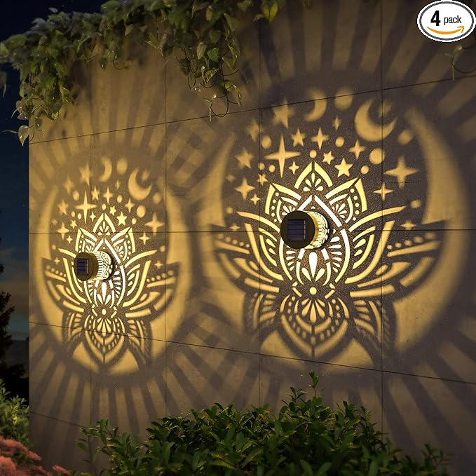 gardencave 4 Pack Solar Fence Lights Metal Solar Powered Outdoor Wall Deck Lights Lotus Theme Waterproof Fence Light for Garden Post Patio Backyard Yard Decor (Lotus, 4 Pack)