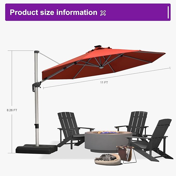 PURPLE LEAF 11ft Patio Umbrella with Lights Outdoor Round Cantilever Solar Powered LED Umbrella with 360-degree Rotation for Garden Deck Pool Patio, Brick Red