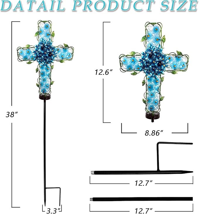 COOZZYHOUR Solar Cross Garden Lights Outdoor Decorative - Solar Metal&Glass Cross Blue Hydrangea Flower Stake Lights- Waterproof 20 Warm White LED for Remembrance Gifts