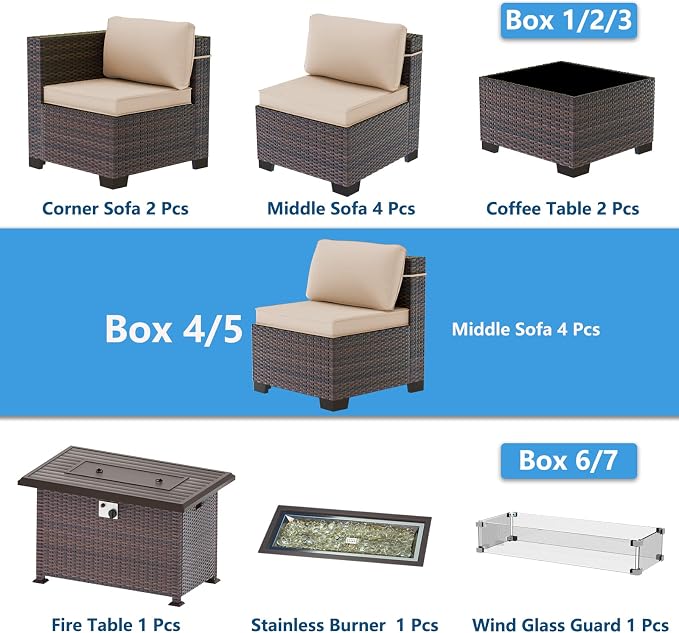 Outdoor Patio Furniture Set with Gas Fire Pit Table, 13 Pieces Outdoor Furniture Set Patio Sectional Sofa w/43in 55000 BTU Propane Fire Pit, PE Wicker Rattan Patio Conversation Sets - Brown