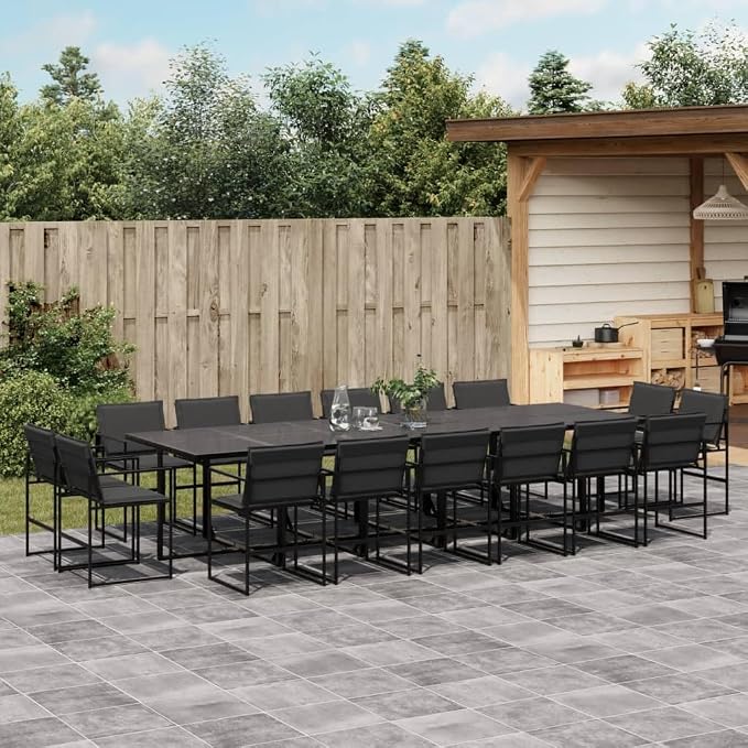 17 Piece Outdoor Patio Dining Set, Foldable Textilene Chairs with Cushions, Space Saving Garden Furniture, Powder Coated Steel Frame, Glass Tabletop