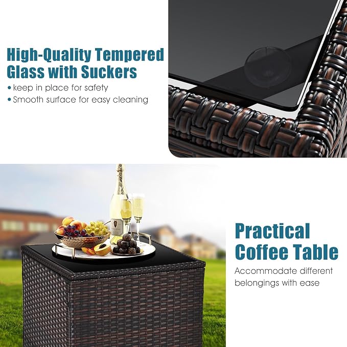 Tangkula 3 Pieces Patio Furniture Set, PE Rattan Wicker 3 Pcs Outdoor Sofa Set w/Washable Cushion and Tempered Glass Tabletop, Conversation Furniture for Garden Poolside Balcony (Prussian Blue)