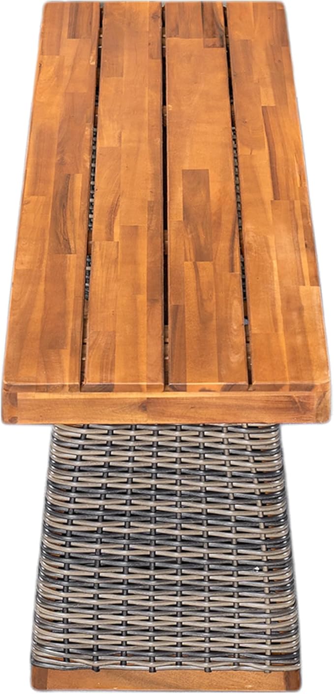 Christopher Knight Home Pasco Acacia Wood Outdoor Dining Table Set for 6, Wicker Patio Dining Set with Acacia Wood Table and Bench, Patio Table and Chair Set with Cushion+Rope Backrest,Black+Teak+Grey