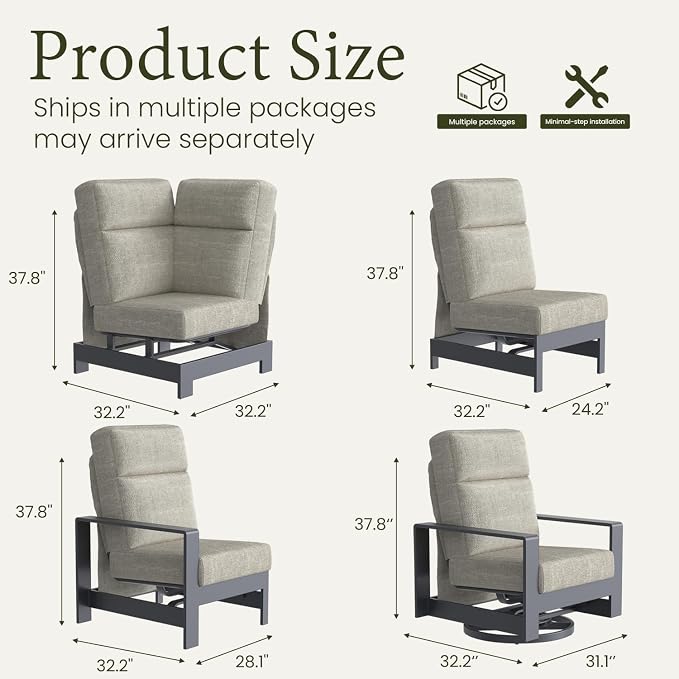 LayinSun 5-Piece Patio Furniture Set, Outdoor Aluminum Conversation Set with Swivel Chair and 6" Thick Cushions, Modern Sectional Sets for Balcony Backyard Pool