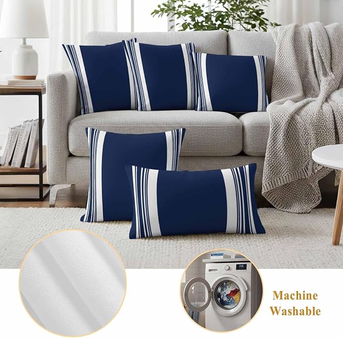 Farmhouse Navy Blue Outdoor Waterproof Throw Pillow Covers 18x18 Set of 2, Aesthetic Modern Line Striped Decorative Pillowcases Cushion Pillowcase for Couch Sofa Patio Outside Pillow Protector