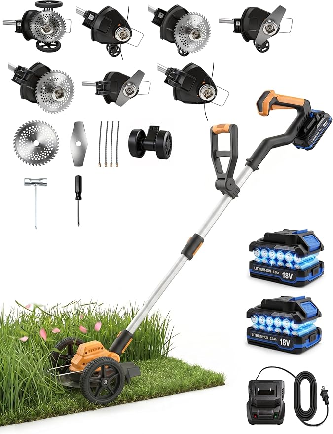 9-in-1 Weed Wacker with Wheels, Cordless Electric Weed Eater & Lawn Edger, Mini Mower Brush Cutter, 2x2.0Ah Battery Powered, 3 Blade Types, Adjustable Shaft