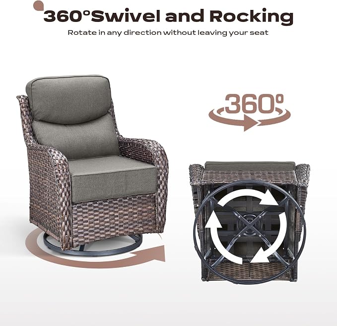 Rilyson Wicker Outdoor Patio Furniture Set - 6 Piece Patio Conversation Sets with Swivel Rocker Chairs, Ottomans, Sofa and Side Table, 6 inch Cushions, Waterproof Wicker, for Porch Deck Brown/Grey